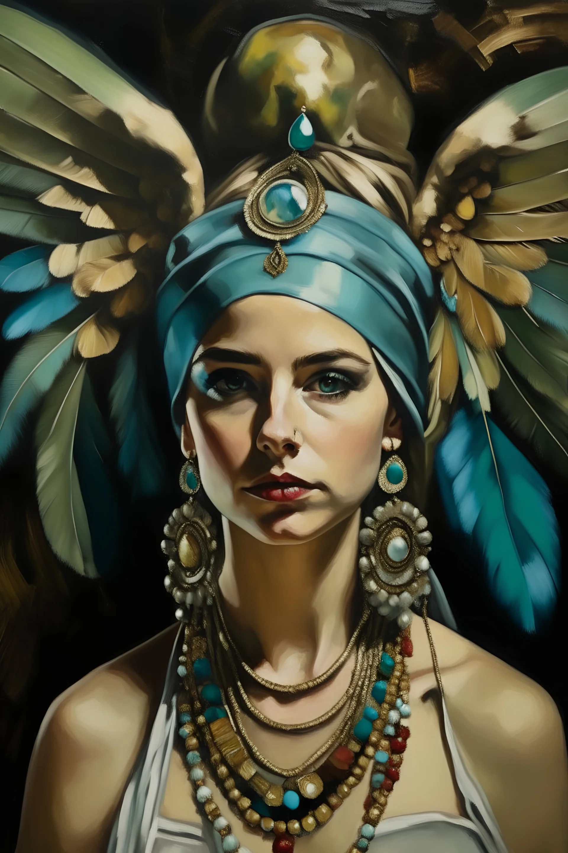 Painted portrait of woman in turban, long hair and wings and loads of jewellery painted by brush in style of Tiffany's stainless lamps