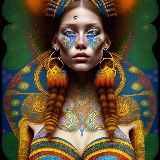 dibujo de cuerpo entero de una mujer tribal bella con tatuajes estilo Gustav Klimt