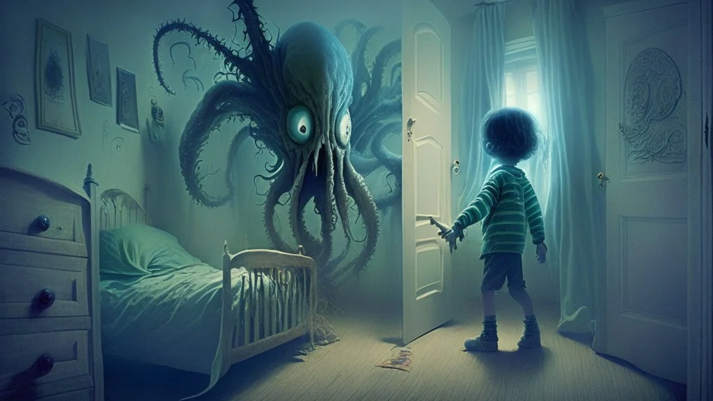 a lovecraftian alien overlord emerges from a child's bedroom closet and the child holds a giant magical swordd