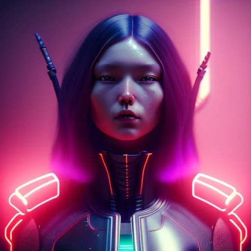 Australian, Cyber Woman, long hair, samurai, cyberpunk, neon, highly detailed, art stations, concept art, smooth, unreal engine 5, god rays, ray tracing, RTX, lumen lighting, ultra detail, volumetric lighting, 3d, finely drawn, high definition, high resolution, gradient background