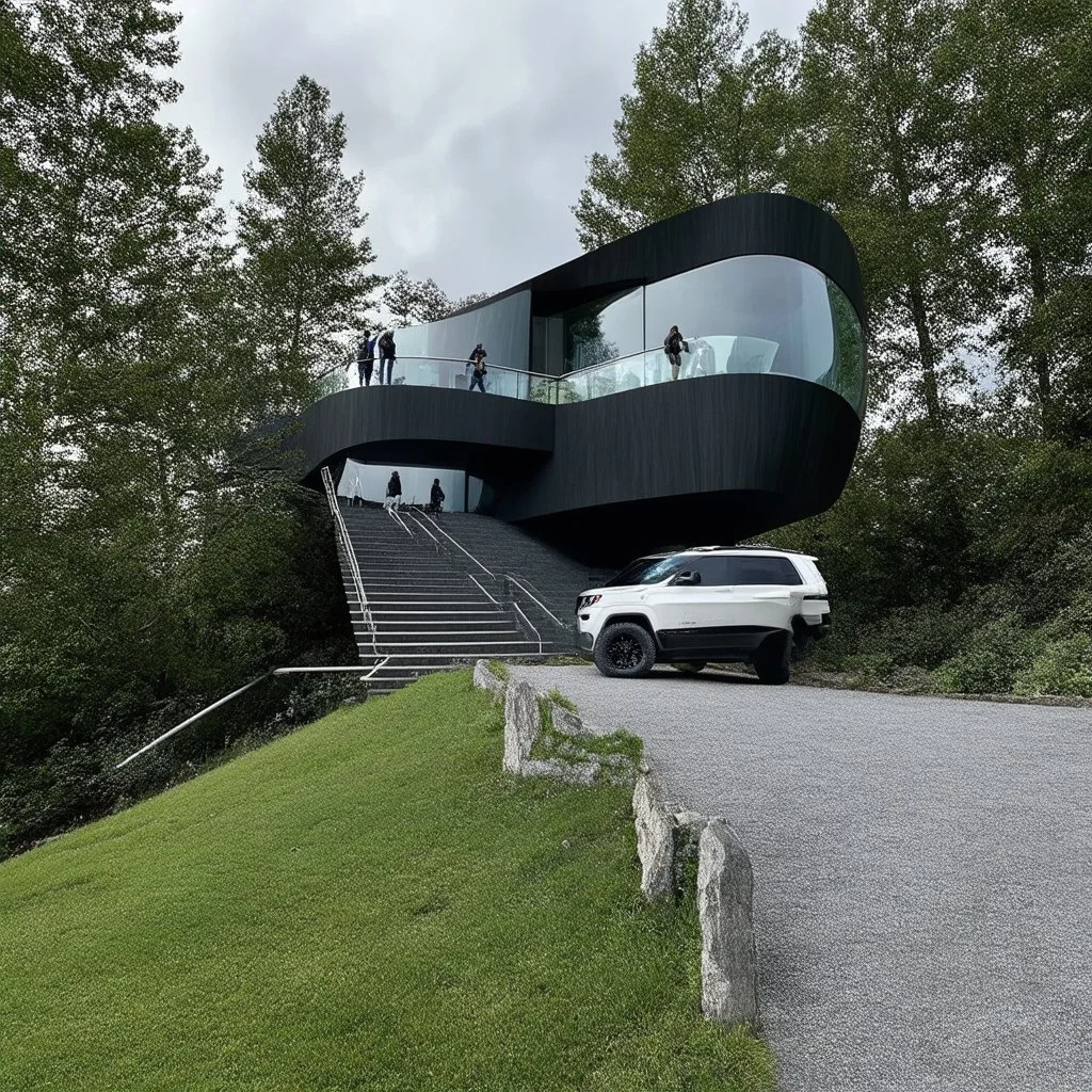 Photo of a futuristic cabin with a building shape inspired by the infinity symbol in plan and the x cross in elevation. Glass facades are interspersed between the curved walls, which become steps to climb to the roof, where there is a terrace. There is a driveway with a luxury jeep parked that is on the same elevation plane as the roof, with a path leading down to the building on the side of the hill. It has a biomimetic design, carbon neutral and zero energy. There are hikers in the distance an