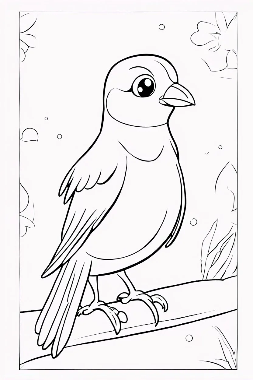blank colouring book, white blank background, simple picture for toddlers, sweet and smilling bird pet, disney and pixar style