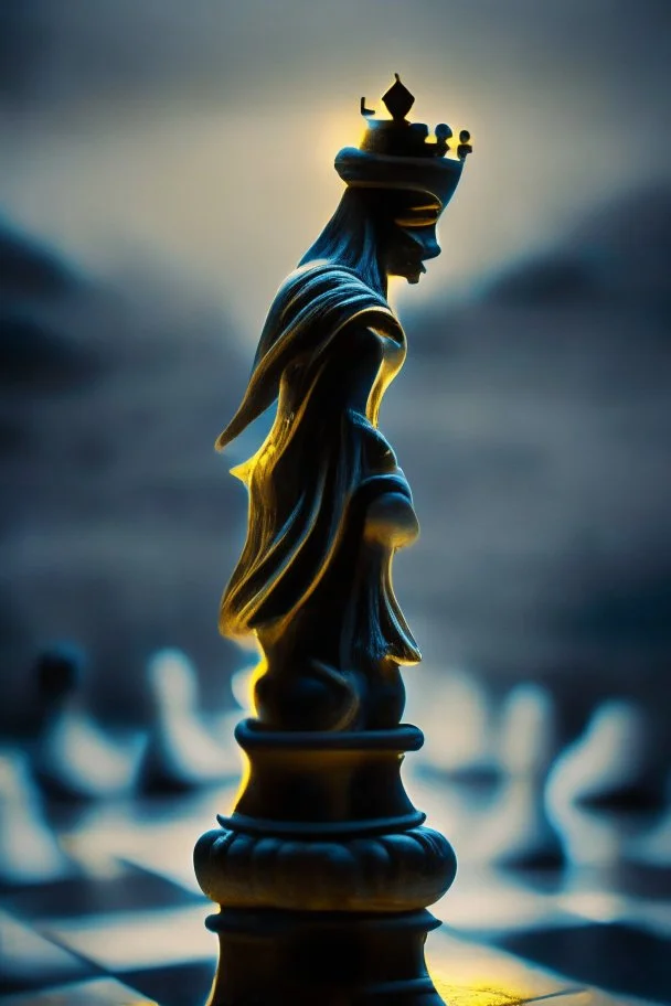 nephilim watcher chess piece buildt of by yellow stones misty trending, depth of field, backlit