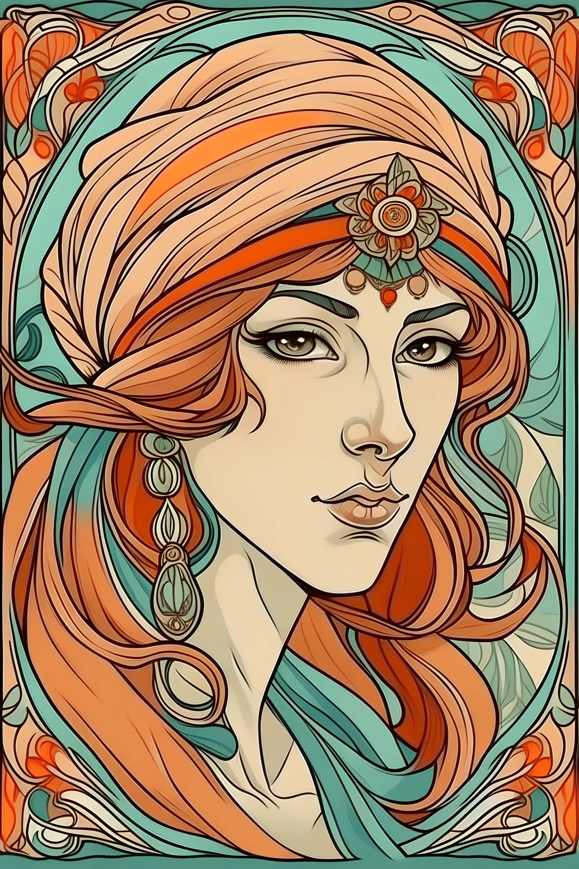 Portret dziewczyny w turbanie z chustki z Beskidu żywieckiego w stylu art noveu
