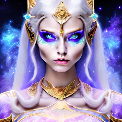 cosmic mage, elf, female, battle mage, epic, cosmic magic, long ears, white hair, face details, pale skin, detailed eyes, jewellery, broad shoulders, glowing eyes, sharp ears, cosmic clothes, bright eyes, cosmic eyes, ears shown