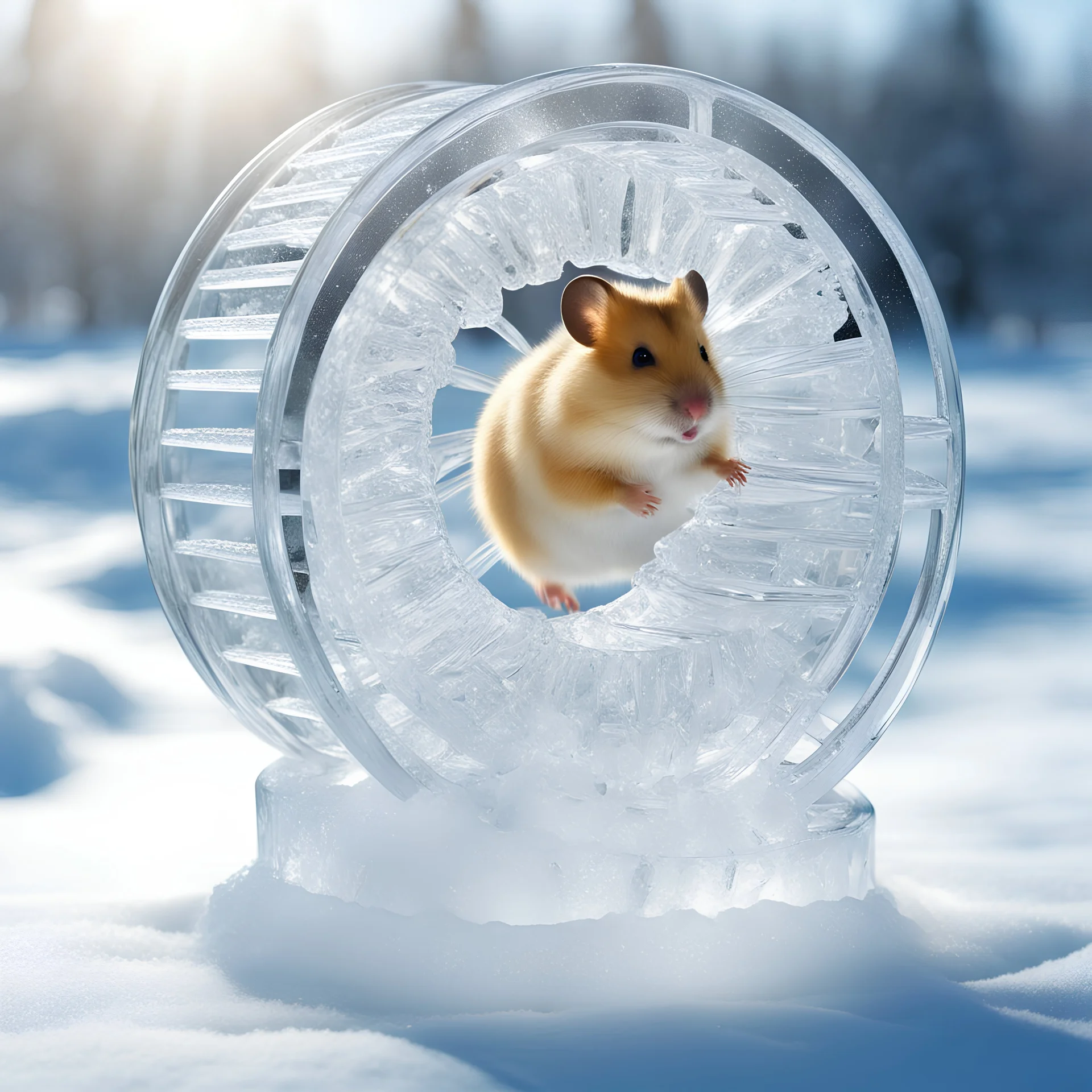 ICE sculpture representing a finely chiseled hamster running on a hamster wheel, High quality photo shot on Kodak gold 400, hyperdetailed dynamic lighting intricately detailed sunlight, city park beautiful winter background, ice sculpture, expansive, grand, impossible magnificence, ultra-detailed, 3d octane render, opulent detail, rule of thirds, by Peter Slavin