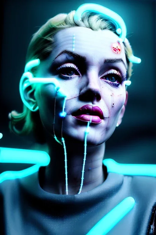 Ultra Realistic image, portrait, blonde woman, sweet Marylin Monroe face, perfect iris, glow eyes, glow makeup. Cyborg, Cyberpunk, ghost in the shell style, wires connected, oversized transparent latex coat, yakuza tattoos body. fog, rain, soft color, highly detailed, unreal engine 5, ray tracing, RTX, lumen lighting, ultra detail, volumetric lighting, 3d, finely drawn, high definition, high resolution.