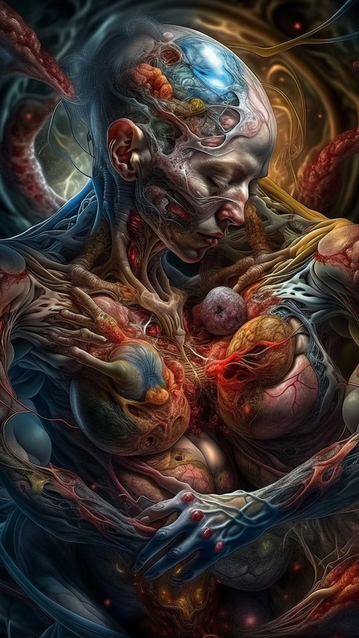 cinematic Bosch style gore photorealistic fleshy quantum vortex dmt lsd photo of 2 conjoined mangled bodies making love, 1 soul vortex, complementary, anatomically fragmented, ripped apart again being flayed, skinned alive. A beating heart, muscles, blood vessels, bowels, entrails are exposed. anatomy. physiology. Bosch and Dali inspired hallucinations. mythology. grotesque.