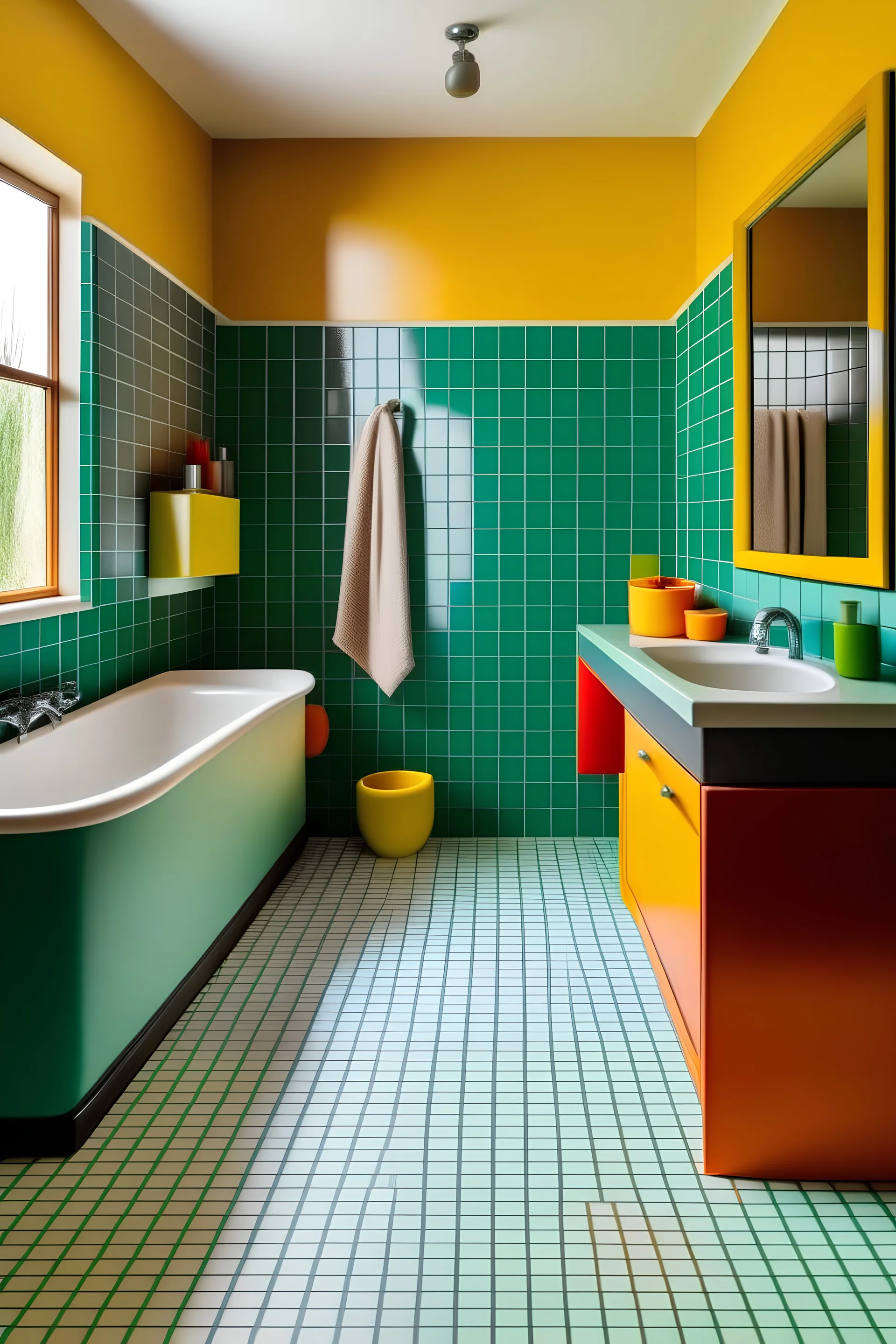 retro colourful bathroom with square tiles