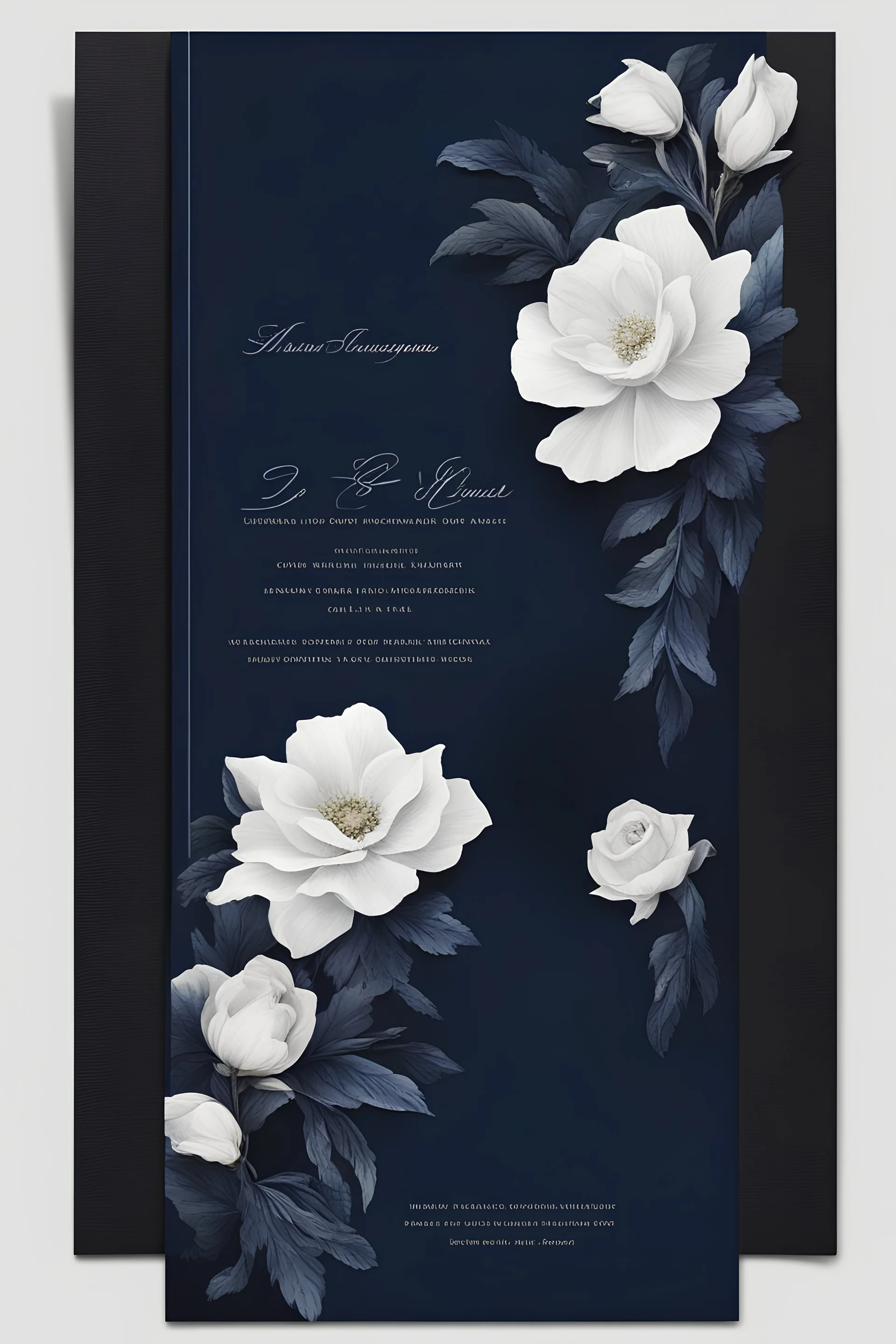 An extremely formal, funeral program for a black man on darkest blue deeply pigmented velvet paper with brilliant, brightest heavy white fonts, simple, minimalistic, less element, very dramatic lighting, detailed, white flowers,