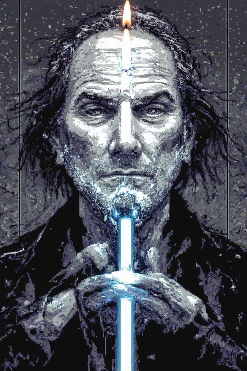 face melting light saber candle chart pixels INFINATE MONEY GLITCH in the style of surrealism black and white