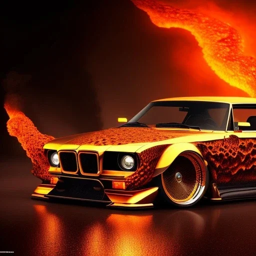 sweeping view of detailed phong shaded rendering of a car made entirely of molten lava, headlights, bumpers, whole car