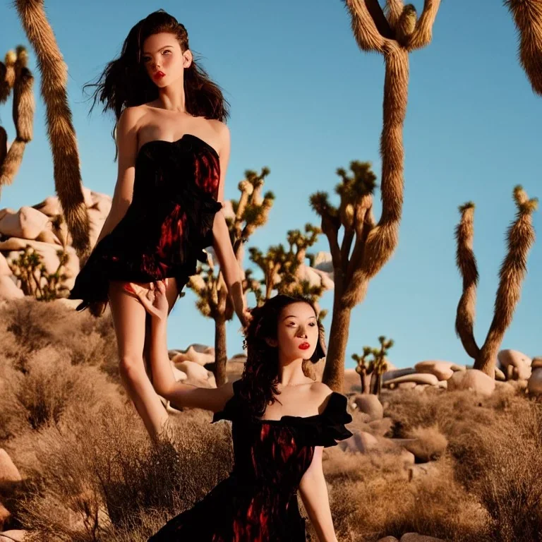 Isane pretty young woman "Top Model" in a stunning maximalist short flowy dark dress, vogue, 8k, ektar, joshua tree, fashion. golden hour cinematic, rebecca guay, frank frazetta.