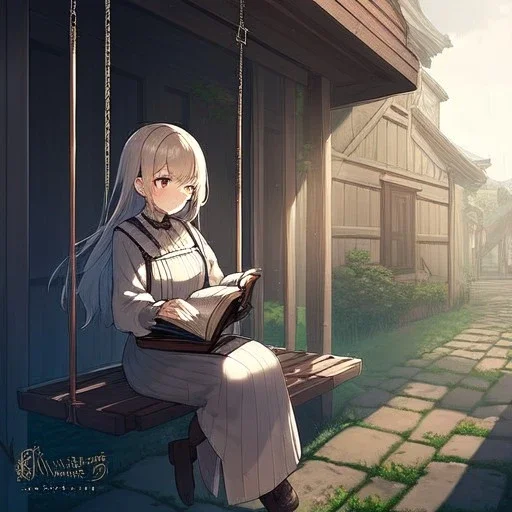 anime girl writing with a pencil in a book sitting on a porch swing of a very old house in the rain