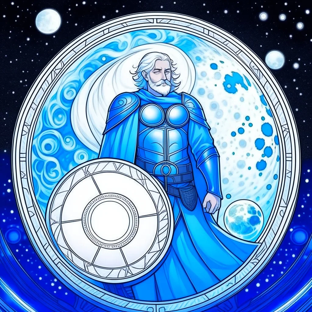 Please create an image for a 30-year old aasimar male with silver hair and a short, square beard and blue eyes. He is standing outside in the moonlight wearing plate armor and wielding a shield and a mace. His equipment is adorned in multiple places with crescent moons and stars