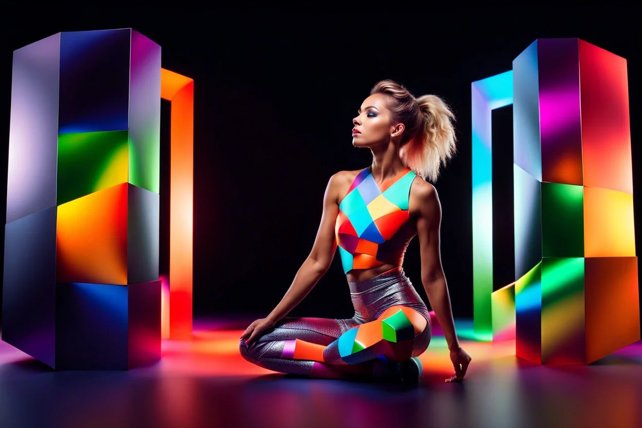 beautiful lady with todays modern clothing and sport shoes, in surreal stage made of fractal random size objects with helical strip colors in clothing similar to environment full body posing to camera,animating background metallic random color cubes