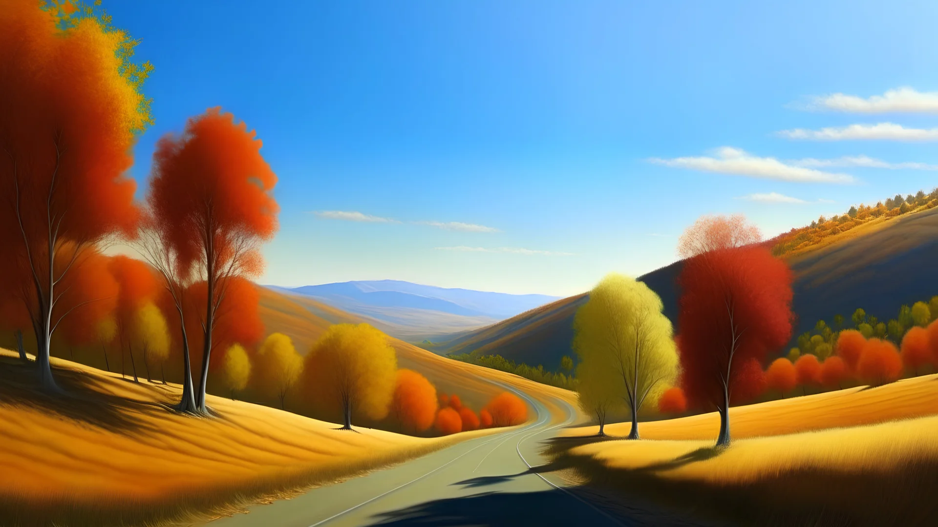 Photorealistic image of highway 49 in california's gold country, autumn, beautiful vibrant colored red, orange and yellow leaves on the birch trees line the road, rolling hills of golden grass in the distance, blue skies