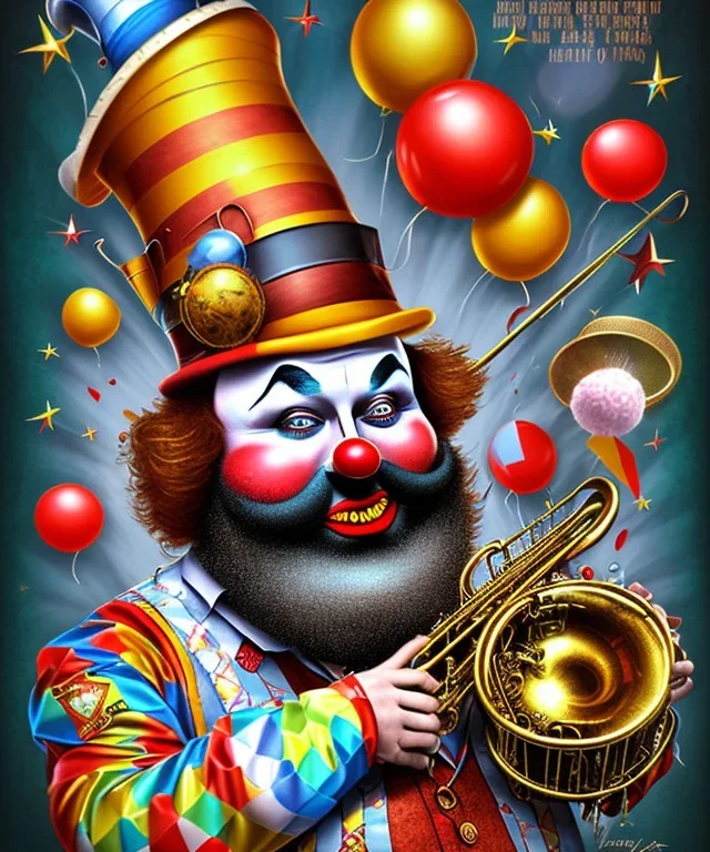 happy old friendly fat clown with trimmed beard playing jazz with a steampunk theme, circus, realistic