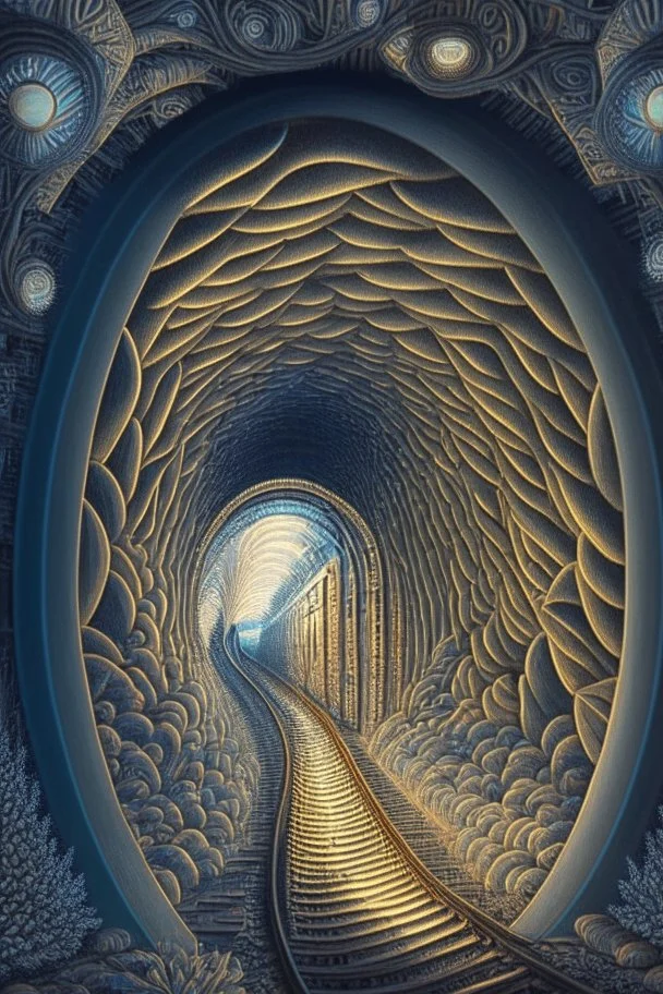 Then it comes to be that the soothing light at the end of your tunnel Was just a freight train coming your way; intricately detailed surreal optical art, award-winning,