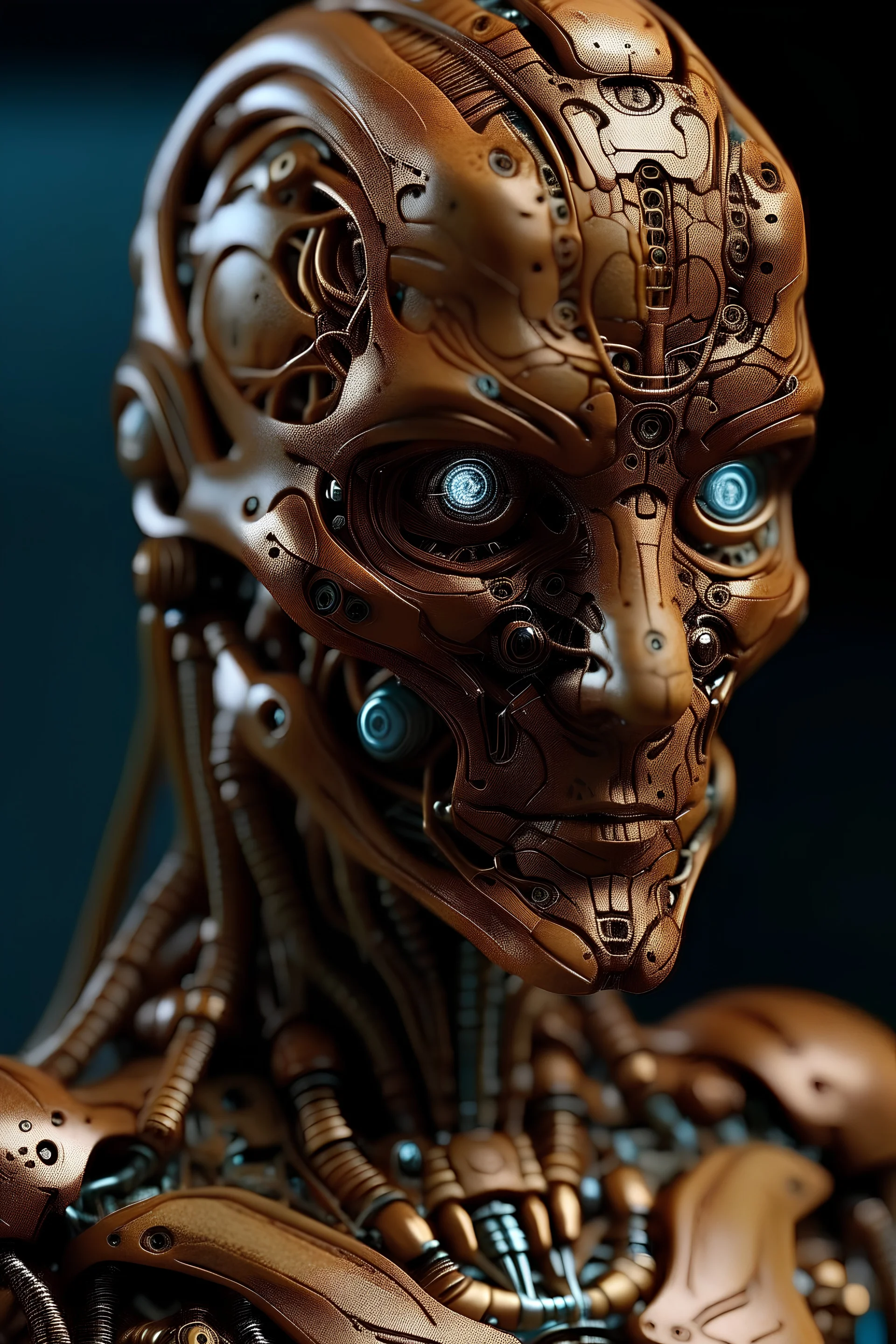 Cybernetic body make 3d printed with bionic eyes and 3d printed skin tone colored brown