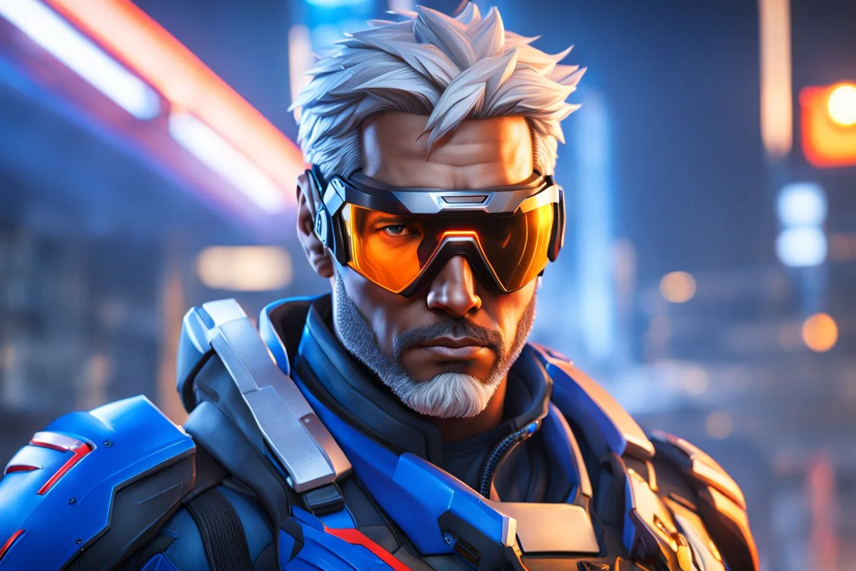 Soldier 76 in 8k realistic cgi drawing style, overwatch them, close picture, rain, neon, intricate details, highly detailed, high details, detailed portrait, masterpiece,ultra detailed, ultra quality