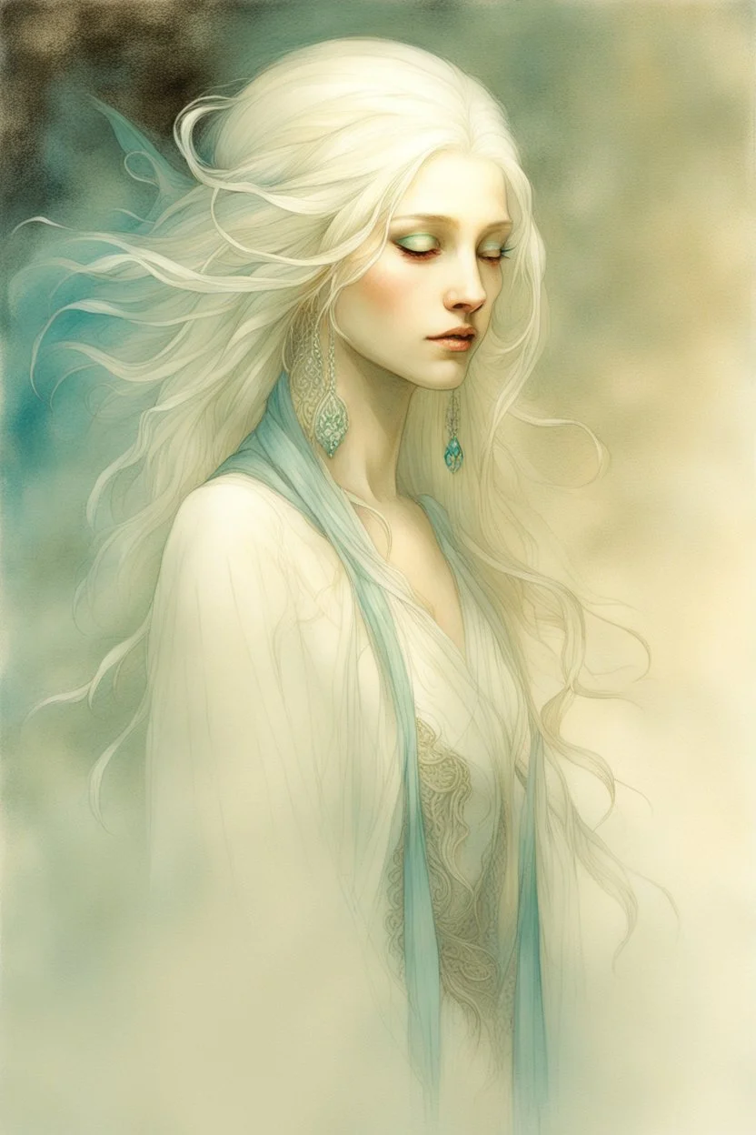 An Enigmatic Woman, Waist-Up View, Back Adorned With Translucent Fabric, Skin Touched With Teal Shimmer, Ethereal Light Glowing, Long White Hair Cascading To Her Shoulders, Artwork By Anne Bachelier, Michael Shapcott, Marc Simonetti, Gracious Face, Charming Eyes, Intricate Details, Backlit