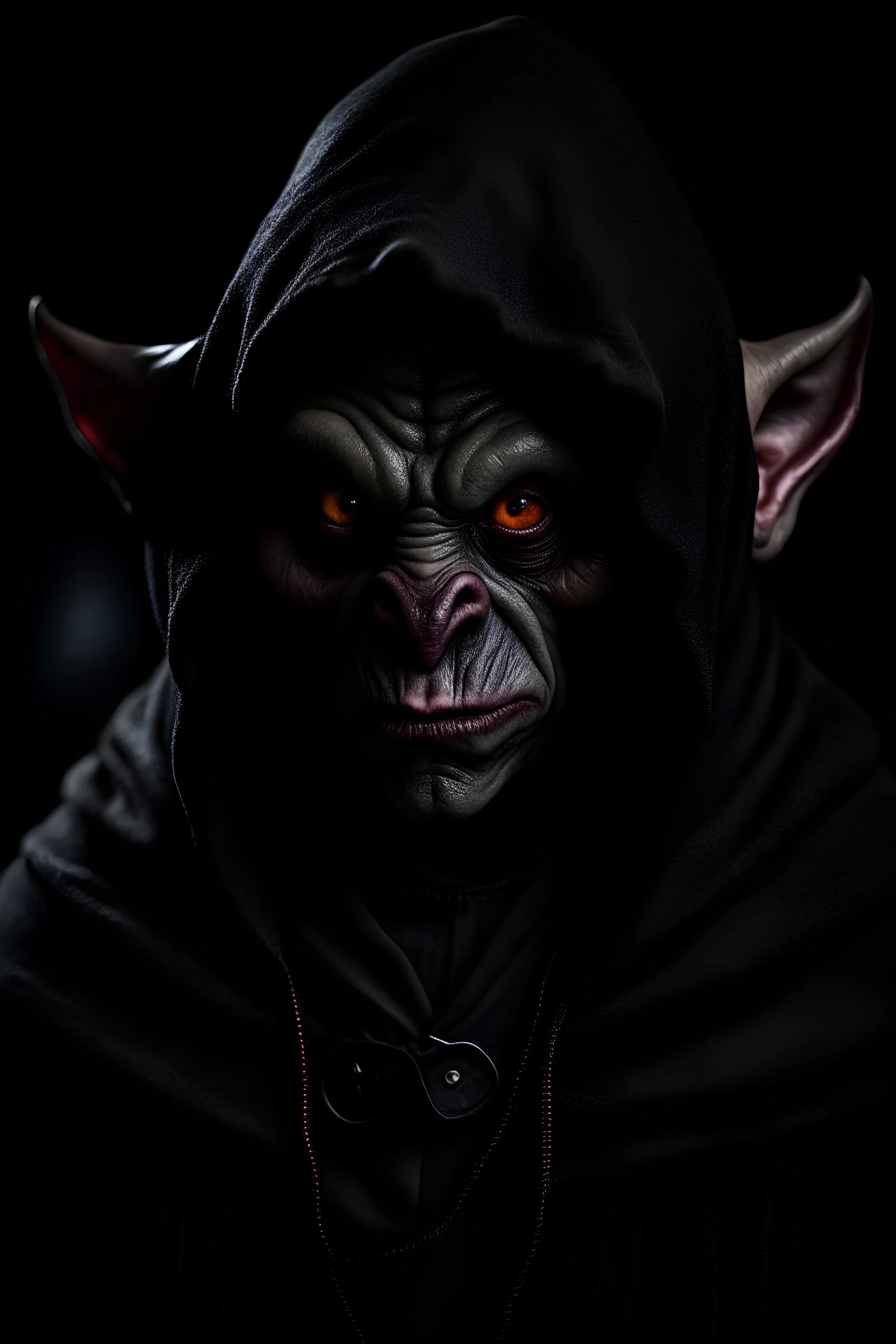 attractive, very dark green skin, male goblin, goblin ears poking through black hood, wearing full black leather armour, a black hooded cloak, full face mask, dark shadowy room, red eyes