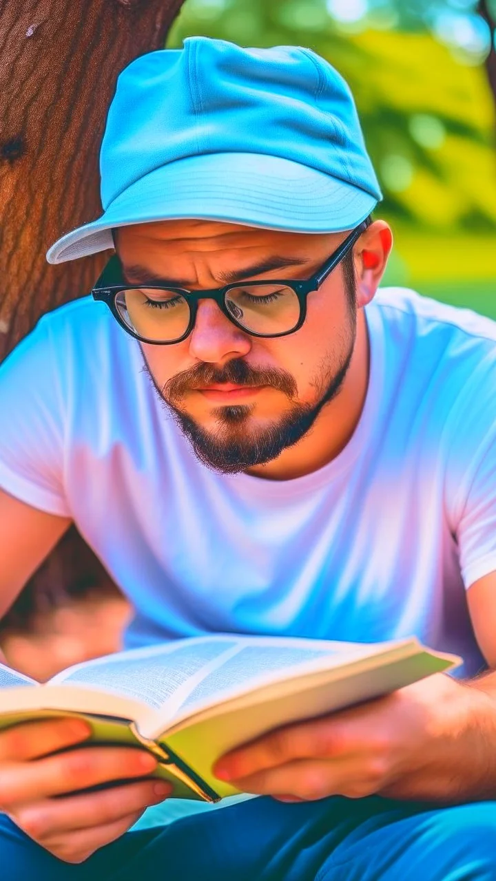 A man wears a white Dad Hat and wears glasses and is busy reading with a tree behind him, high resolution, and the image focuses on the Dad Hat