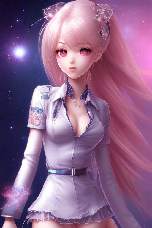 Anime girl close and personal but beautiful. She knows what she wants and how to get it. Stunning Starsign background