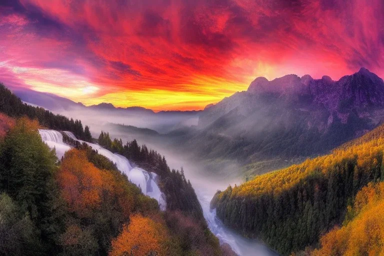 the most beautiful panoramic landscape, oil painting, where the mountains are towering over the valley below their peaks shrouded in mist, the sun is just peeking over the horizon producing an awesome flare and the sky is ablaze with warm colors and stratus clouds. a giant dreamy waterfall creates a river, it is winding its way through the valley and the trees are starting to bloom in a great variety of colors, by greg rutkowski, aerial view