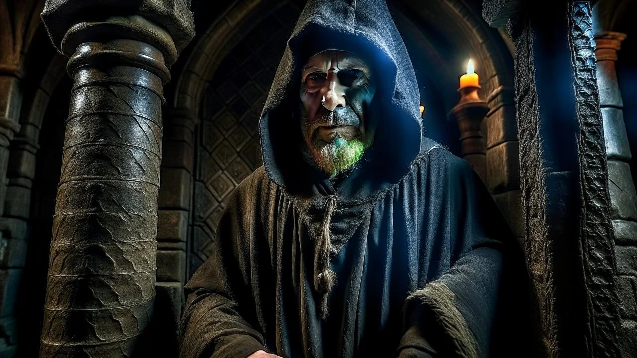 The hooded sorcerer in the castle tower