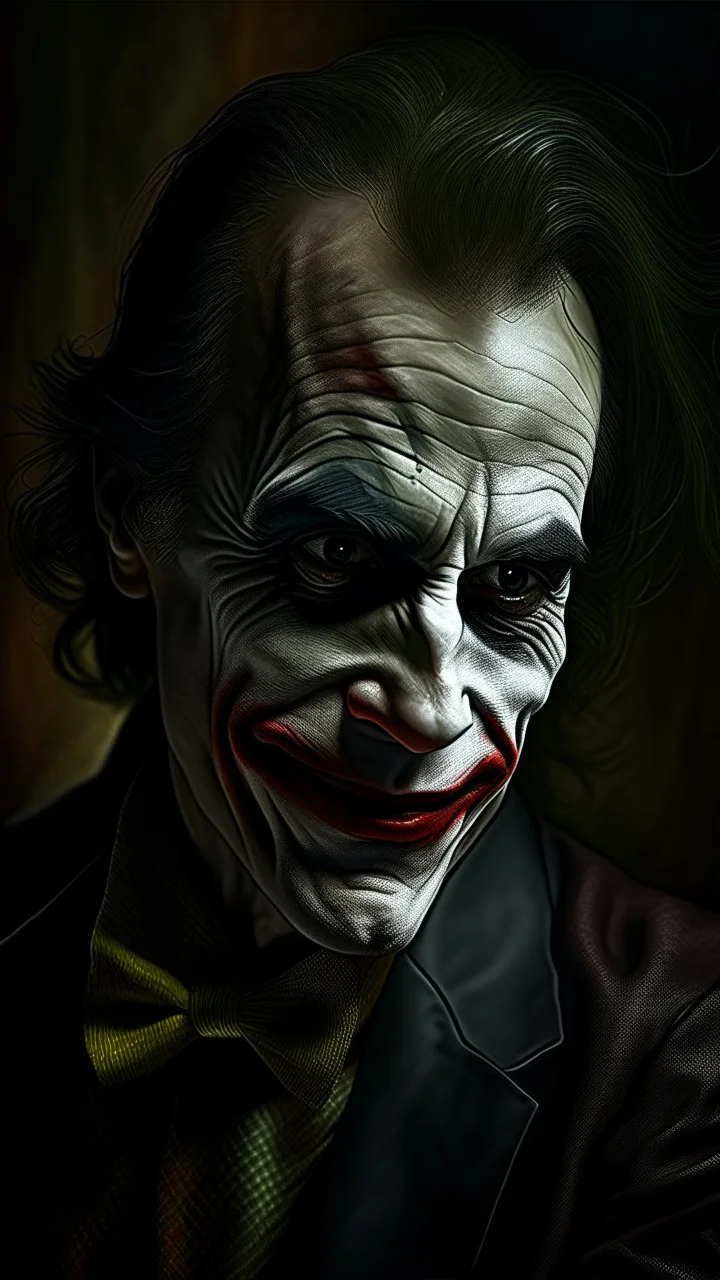 Bosch nightmares paining style Title: a joker face smiling 8k,photography, photorealistic concept art, soft natural volumetric cinematic perfect light, chiaroscuro, award-winning photograph, masterpiece, oil on canvas, Raphael, Caravaggio, Greg Rutkowski, people, beksinski, Giger