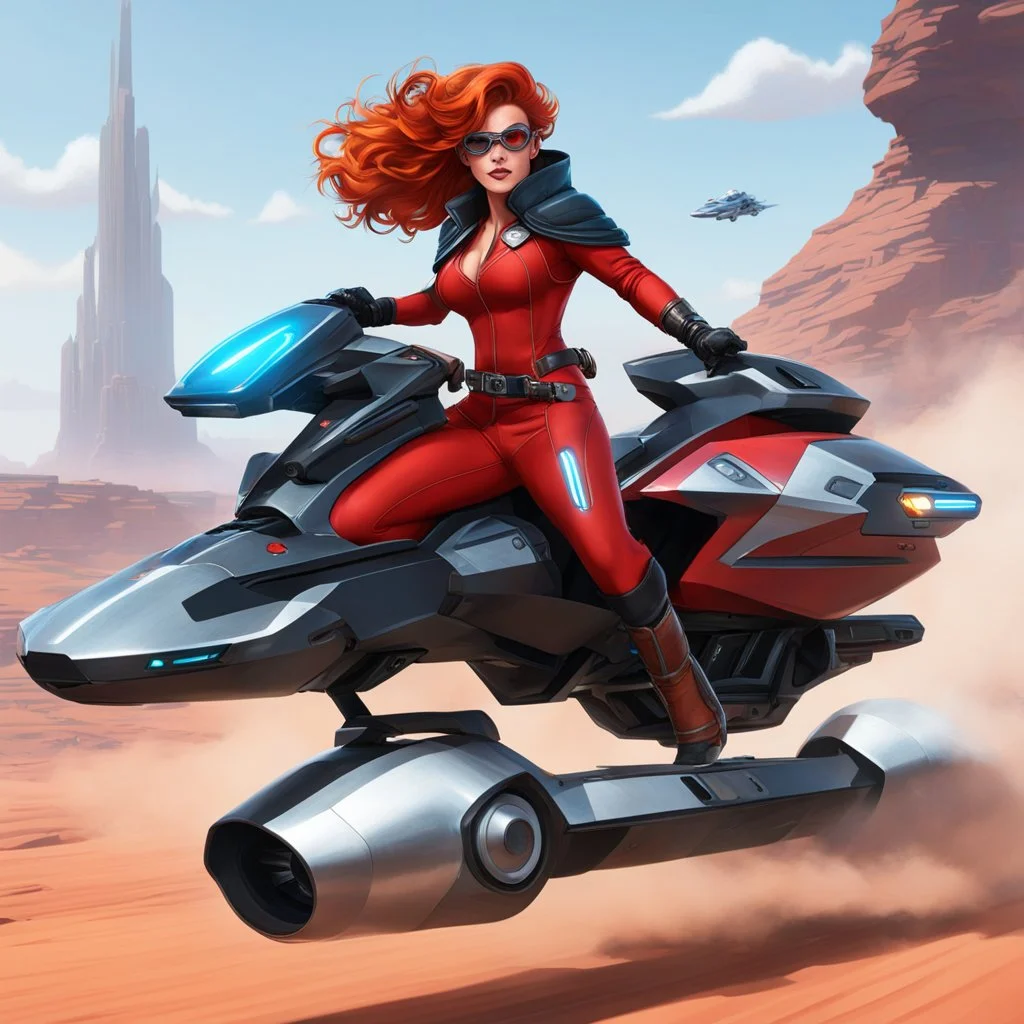 una mujer pelirroja, con un mono con cremallera, guantes, botas altas, capa y antifaz, dos pistoleras: she drives the 'Jumping JACK' Turbo Hovercycle on the outskirts of Palladium's RIFTS Earth.