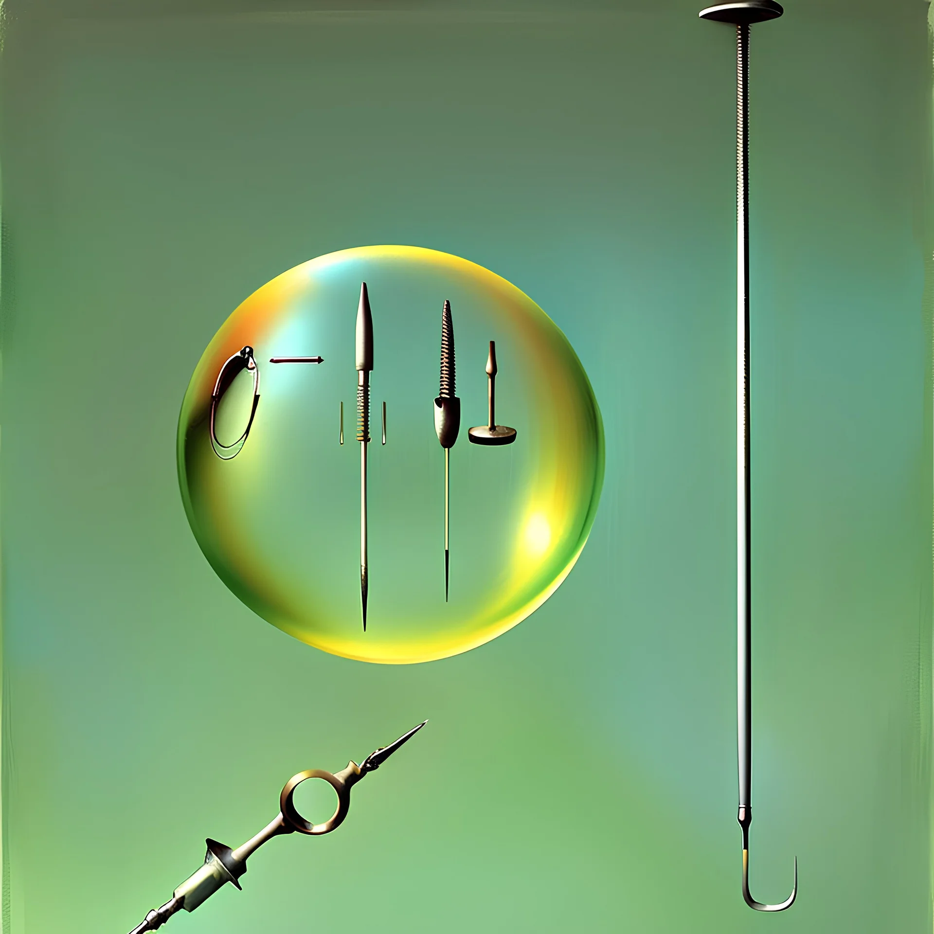 Soap Bubble including complex surgical instruments mixed with musicial instruments,minimalism,Painting By Adrian Ghenie, Rene Magritte, Salvador Dali, Lucian Freud