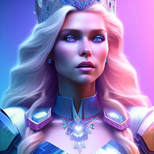 A portrait of a full body crystalised blue pink queen,smiling face, blue eyes, long blond hair, atmospheric, realistic, unreal engine, lighting