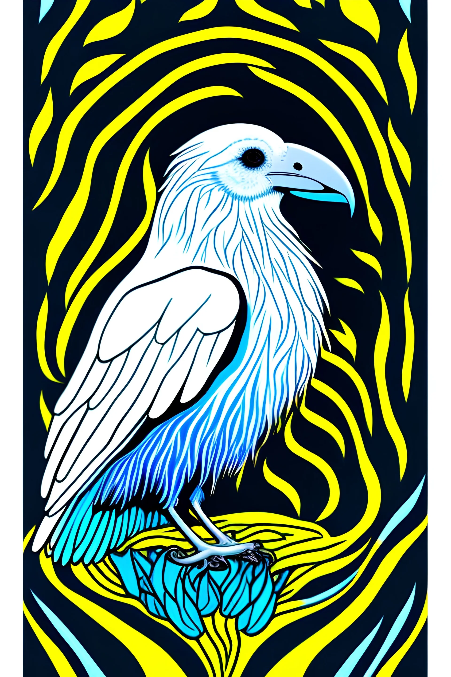 a white raven with glowing eyes, psychedelic, minimalist tarot card
