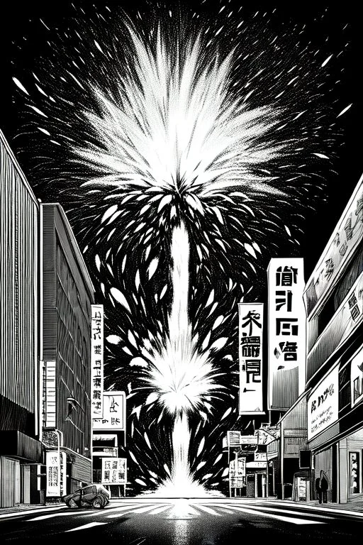 explosion on the streets of Tokyo, greyscale