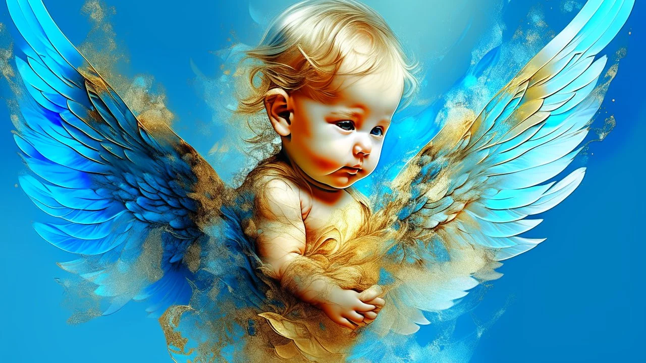 Beautiful baby angel, double exposure fantasy, blue, gold, glitter, fine detailing, hyperrealism, vibrant colors, photorealism, 3D, acrylic and watercolor elements, heart.