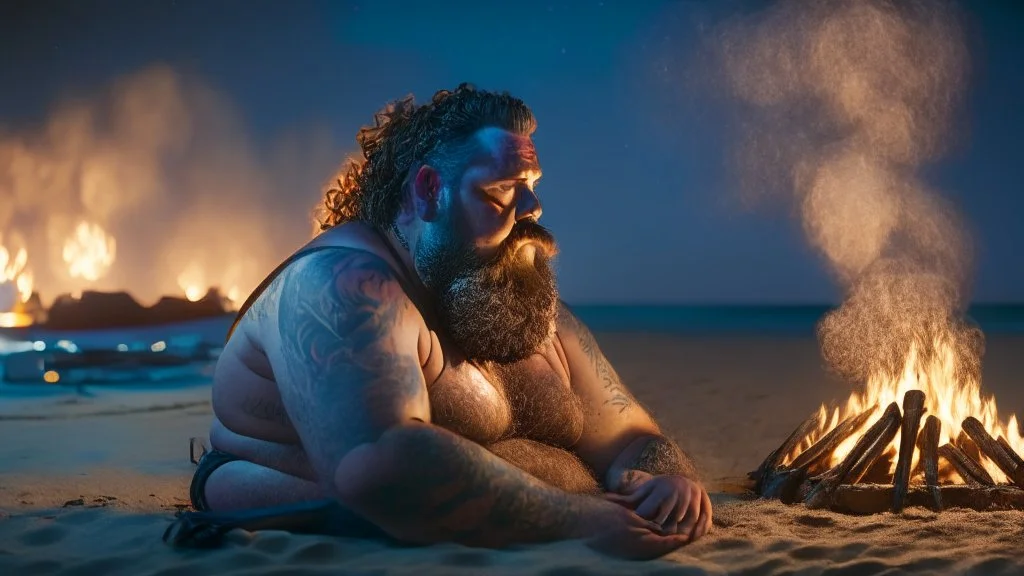 photography of a sicilian baywatcher burly sweat chubby 44 years old , swimwear, manly chest ,tattoo, curly hairs, long beard, sitting on a beach chairs at the beach at midnight , illuminated by bonfire, photorealistic, 8k, Canon EOS, 35mm lens, , unreal engine, greg rutkowski, loish, rhads, beeple, makoto shinkai and lois van baarle, ilya kuvshinov, rossdraws, tom bagshaw, alphonse mucha, global illumination, detailed and intricate environment