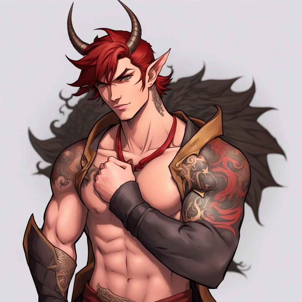 A Young Adult Male. A unique blend of Wood Elf and Red Tiefling features. His handsome face contrasts with the Yakuza dragon tattoos that completly cover his back, arms, and legs. He is wearing a torn coat, he also has earings. A physique that is strong and well-built, resembling a Fighter.