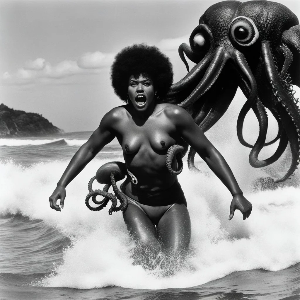 [art by Russ Meyer] In a vintage beach photo, a scared Afro-American lifeguard in a classic redcross swimsuit is grabbed by a terrifying octopus monster emerging from the waves. Her expression of shock and fear is frozen in time as the monstrous creature's tentacles wrap around her. The juxtaposition of the retro setting and surreal horror creates a spine-tingling scene of eerie nostalgia. Despite the absurdity, the lifeguard's bravery shines through as she faces off against the menacing octopus