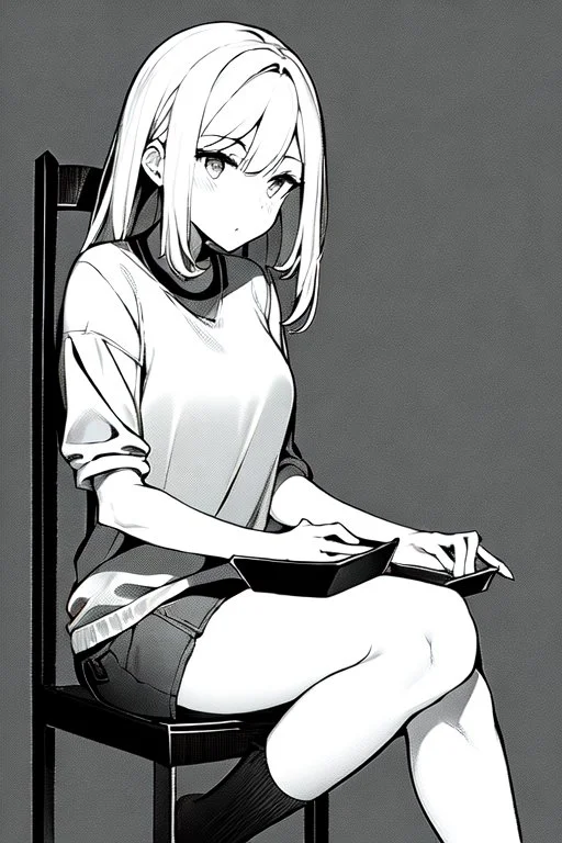 blonde girl speaks sitting on a chair, grayscale