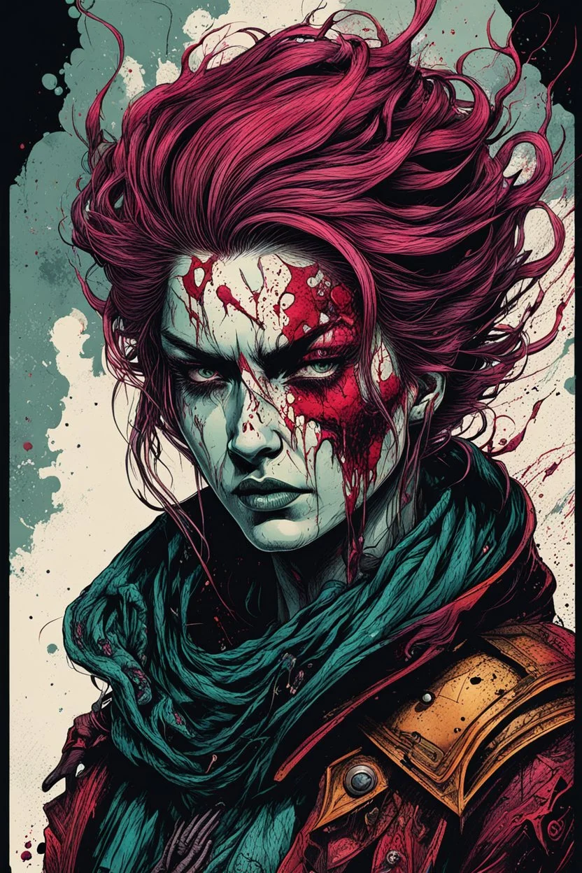 highly detailed color woodcut concept illustration of a world weary, female Scoia'tael rebel character , maximalist, sharp focus, highest resolution, in the styles of Alex Pardee, Denis Forkas , Bill Sienkiewicz, and Masahiro Ito, boldly inked, 8k, coarse, gritty textures