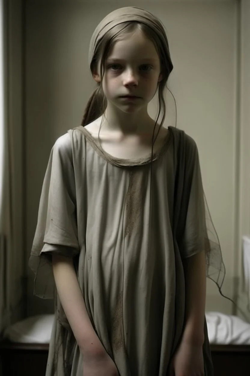 very thin 12 year old girl, dressed in rags, (A Cure for Wellness style, full figure