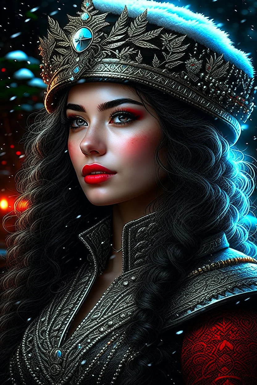 upper body, depth of field, photorealism, downlight, Magic camping site, beautiful, ornate dress uniform, casting spell water snow fly, black wavy hair, enchanted fantasy, cinematic composition, very detailed red machine components, one camera lens eye and shiny black hair, hazel green eyes, 24k, ornate, intricate, complex, digital painting, smooth, art by royo and tom bagshaw.