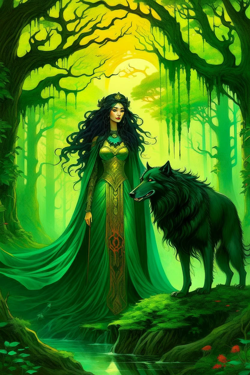 In the heart of a dense and enigmatic forest with towering ancient trees cloaked in emerald, yellow and amber foliage stood a bewitching sorceress possessing an ethereal allure her lustrous hair cascading in ebony waves down to her slender waist that turns into roots In the background a faithful companion a majestic canine of Belgian shepherd lineage roamed at her side its eyes illuminated by an otherworldly crimson glow exuding an aura both mysterious and demonic