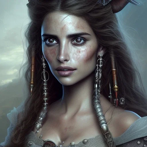 best quality, realistic lighting, masterpiece portrait of Penelope Cruz from pirates of the Caribbean, details, light dusting of freckles, shot from above, simple chain hauberk, warhammerVector art matte painting digital illustration 3D shading CryEngine Behance HD 3Delight