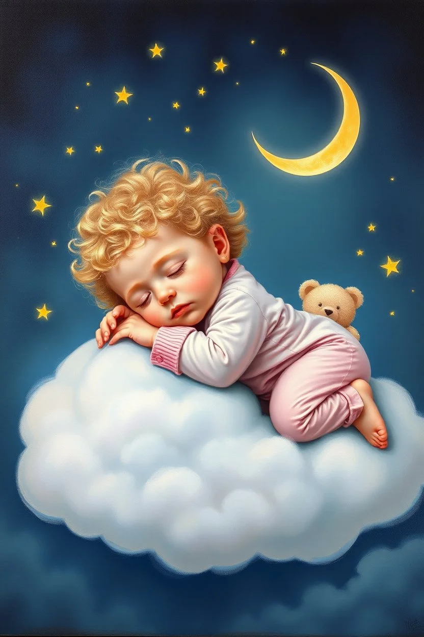 A sleepy adorable sweet blonde curly-haired baby in a beautiful soft pajamas, (sleeping on her stomach) sideways) comfortably perched on a plump cloud, surrounded by a halo of fireflies and a crescent moon in the distance, with a bear, is an unearthly work of art,acrylic painting,;1.5;32k. Removed from the image:photo,poorly designed face,extra fingers ugly, deformed, noisy, blurred, distorted, out of focus, out of frame,incorrect anatomy, extra limbs, poorly drawn face, poorly drawn hands, miss