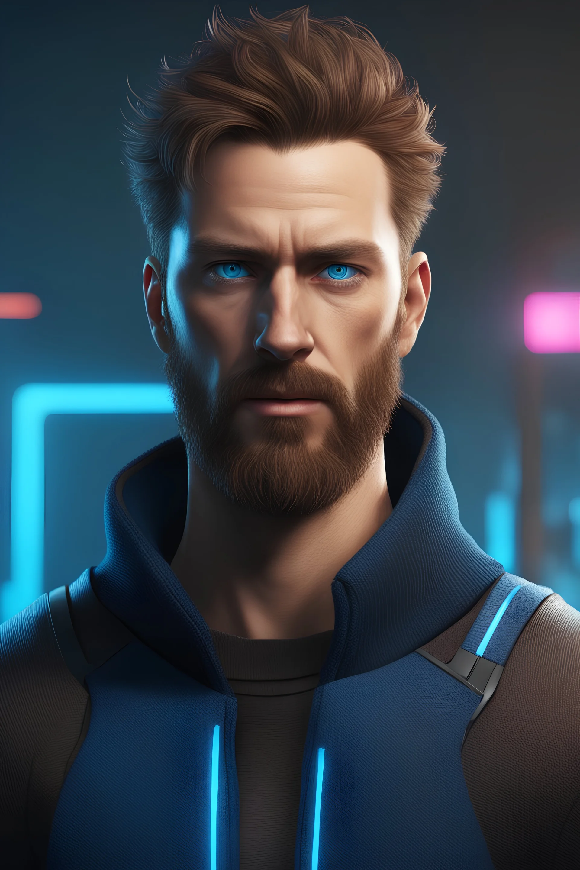 muž, modrý oči, hnědý vlasy, hnedé vousy, černý kalhoty, mikina modrá, jako postava ze cyberpunk 2077