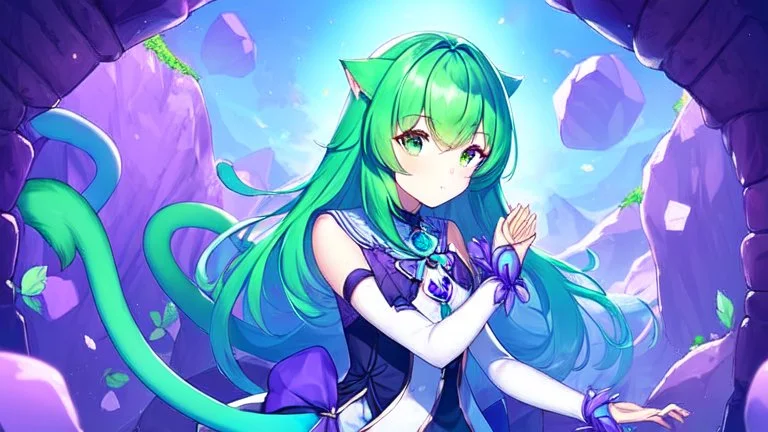 A girl with green hair touches a magical purple stone by the river, and she ears start growing up! Her tail suddenly appears like a cat tail, her hands is cat paws